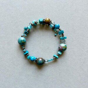 Teal Turquoise Beaded Snap Bracelet Adjustable Statement Bracelet